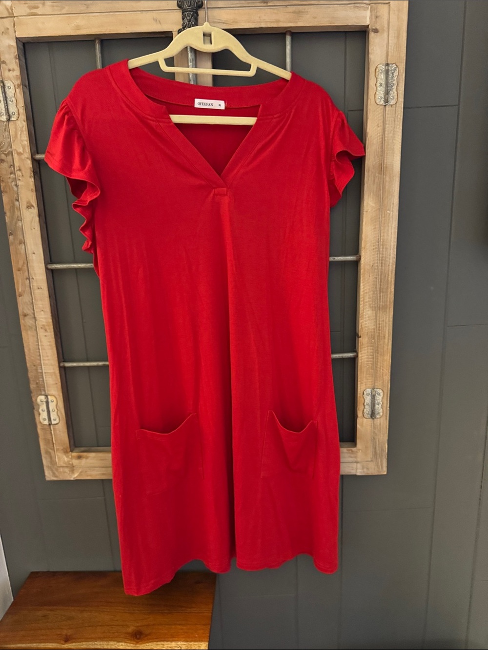 Effortless Red V-Neck Ruffle Sleeve Tunic Dress by Caitlyn